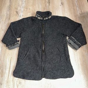 Vintage Nordic Design Women Sweater Floral Embroidered Wool Full Zip 3/4 Sleeve